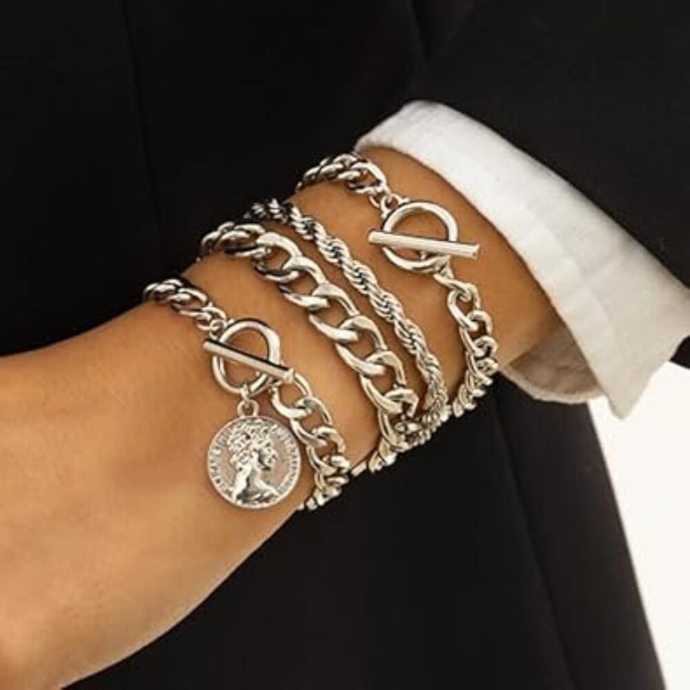 4 Chunky Silver Tone Bracelets Really‎ Nice Set Brand New !!